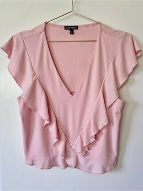 Express| Pink Ruffle Stretch Knit V-Neck Cap Sleeve Top/Blouse Sz M